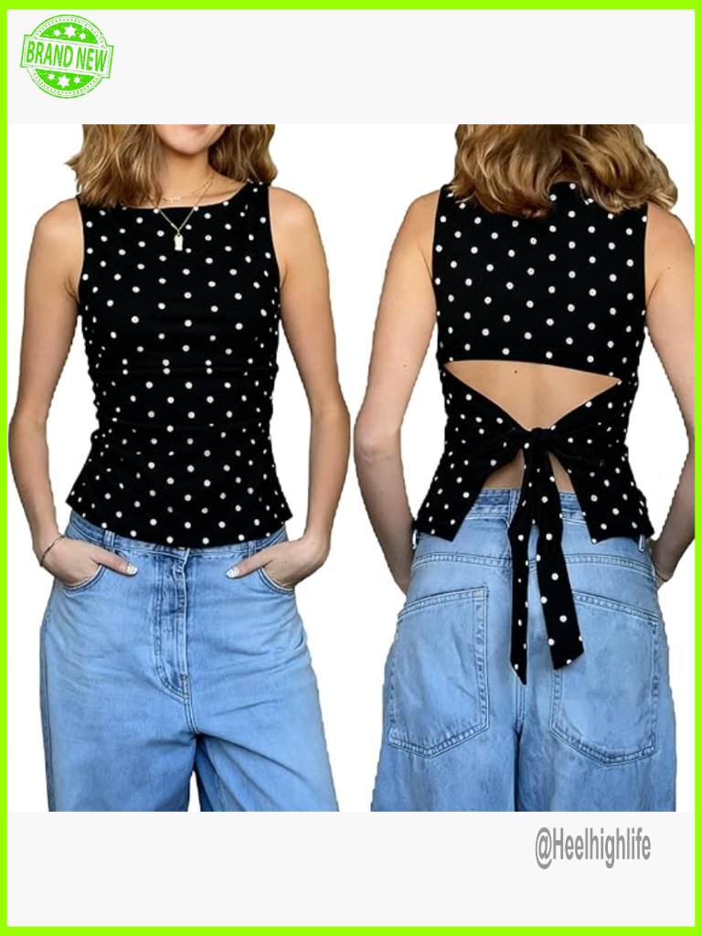 Y2k Polka Dot Boat Neck Tank Top Cute Sleeveless Fitted Side Ruched Tie Back
